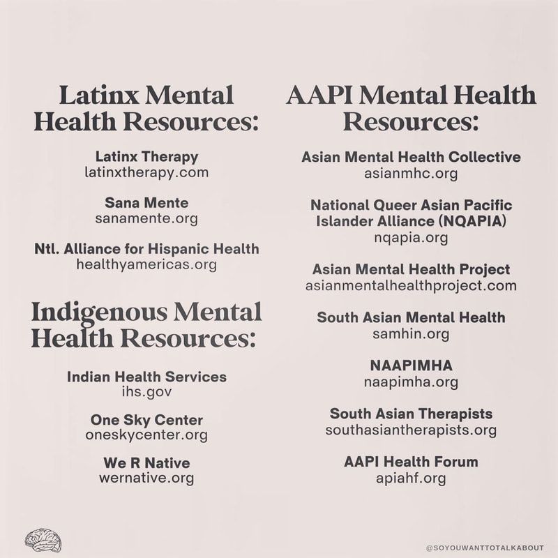 Poster listing Latinx, AAPI, Indigenous, and South Asian mental health resources on a light purple background