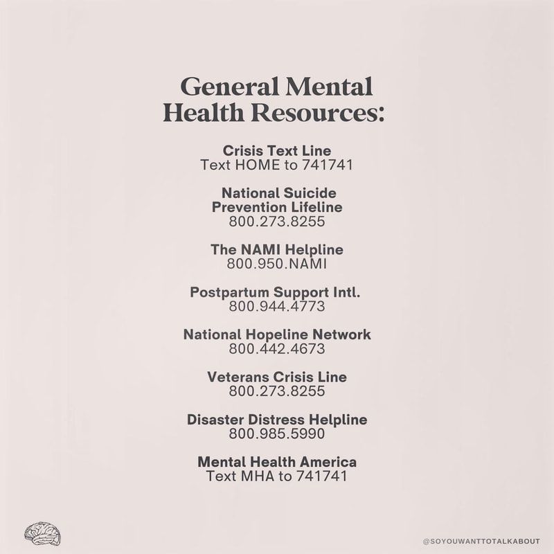 Gray poster listing general mental health resources and hotline numbers.