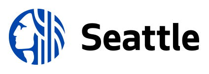 Seattle logo with blue circular icon and black “Seattle” text