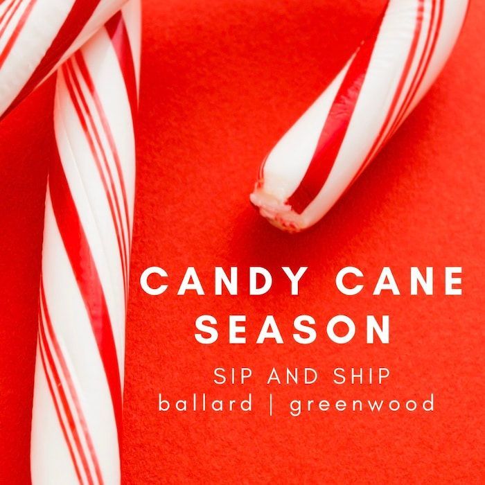 Red candy cane background with white text reading “Candy Cane Season” and “Sip and Ship”