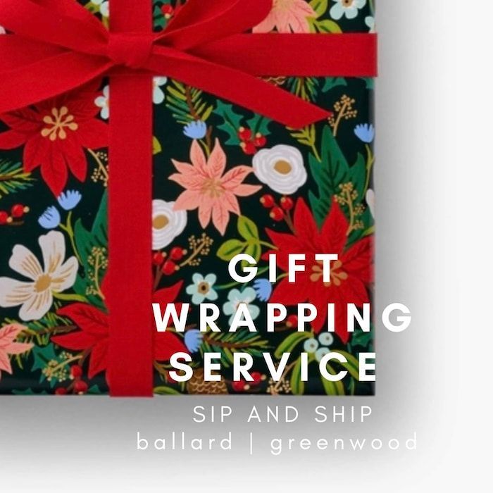 Gift wrapping service ad with red ribbon on floral wrapping paper, Sip and Ship Ballard | Greenwood