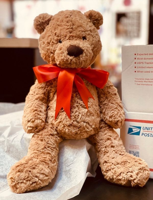Brown teddy bear with a red ribbon sitting on a tissue box beside a postal box