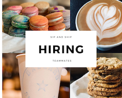 Hiring notice over coffee, macarons, cookies, and a takeaway cup collage