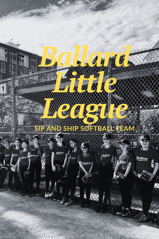 Ballard Little League softball team posing in front of a fence, with yellow title text over a black-and-white photo
