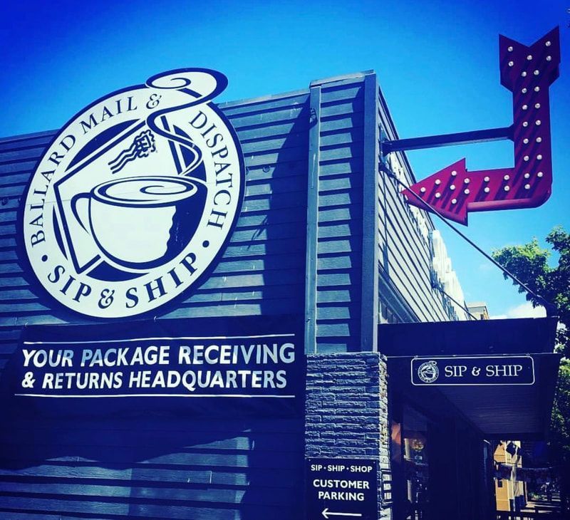 Sip & Ship storefront with blue sign reading “Your package receiving & returns headquarters”
