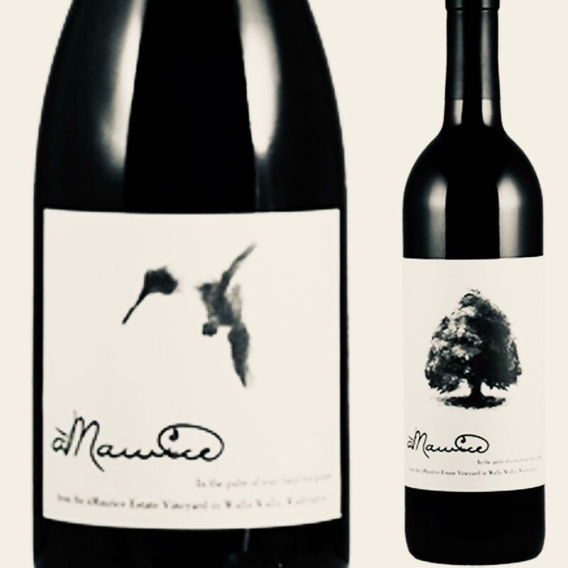 Two black wine bottles with white labels featuring bird and tree artwork.
