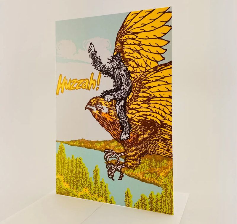 Comic-style bird with spread yellow wings swooping over a lake, with “Muzza!” text.