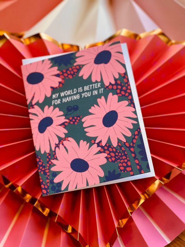 Floral birthday card on red and gold wrapping paper with “You are my bestie” text