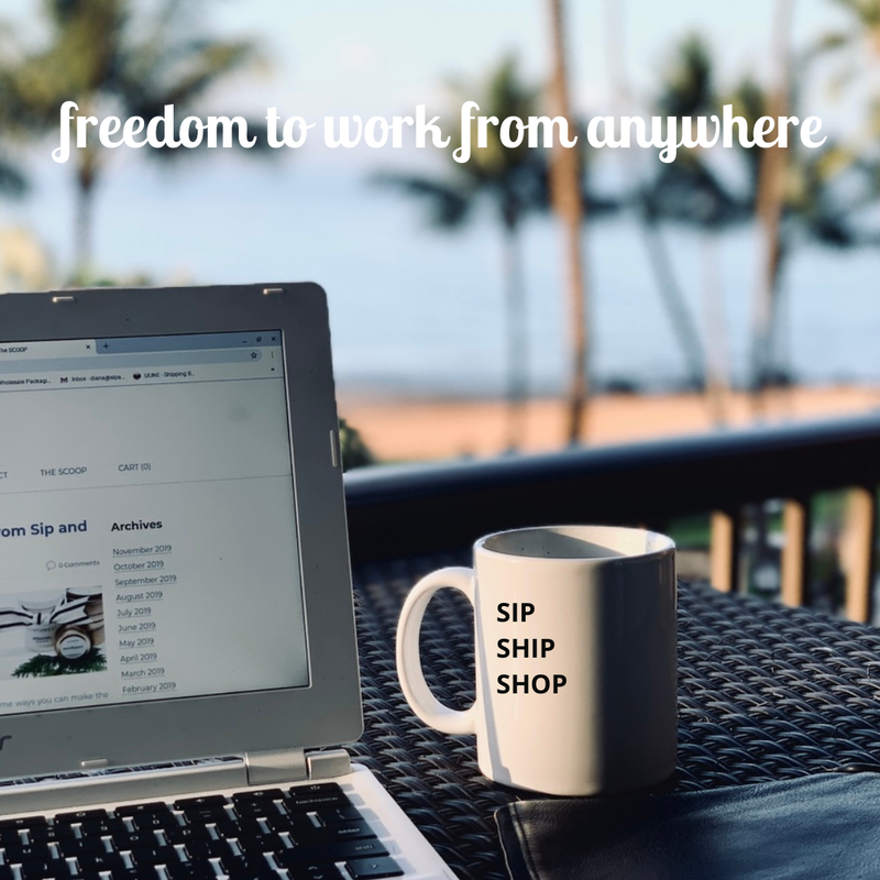 Laptop and coffee mug on a patio table with blurred beach view and “freedom to work from anywhere” text