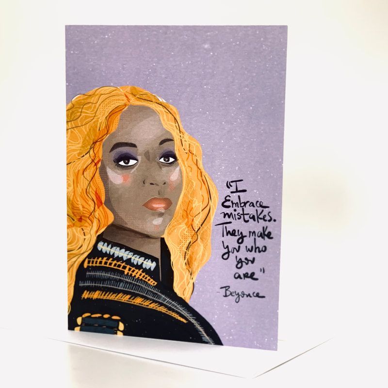 Portrait painting of a woman with orange hair on a lavender background, beside a handwritten quote.