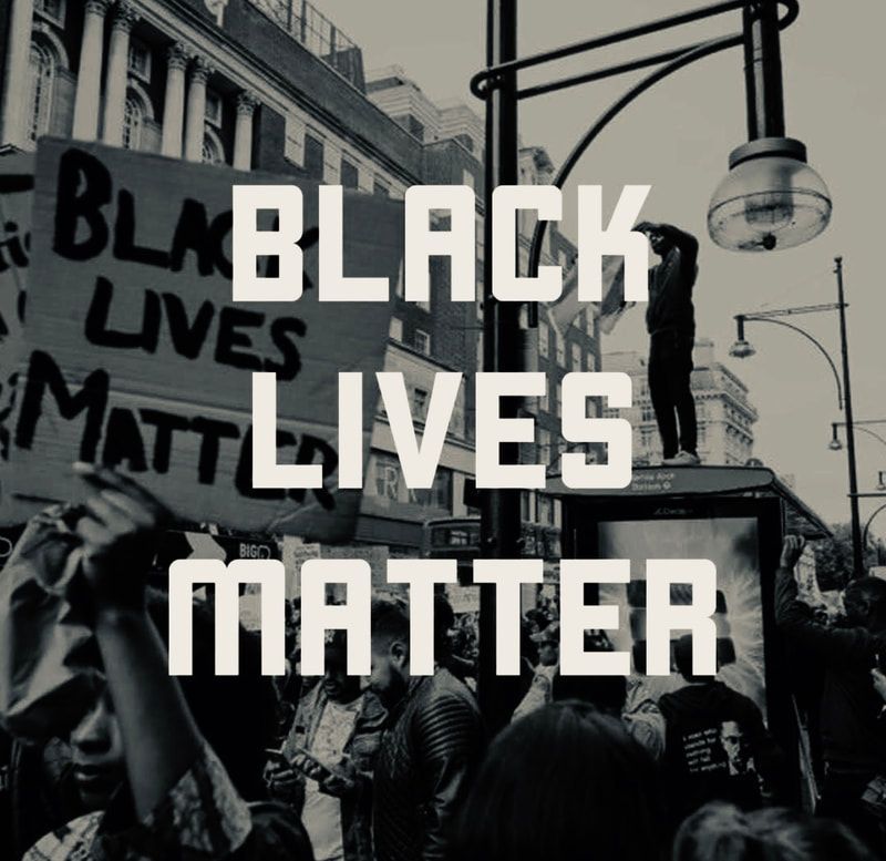 Black Lives Matter protest with raised signs in a city street, black-and-white background and bold white text overlay