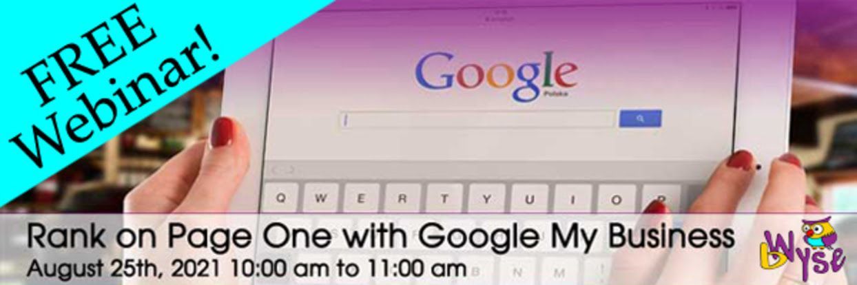Promotional banner for a free webinar on ranking on page one with Google My Business, with Google logo and date/time.
