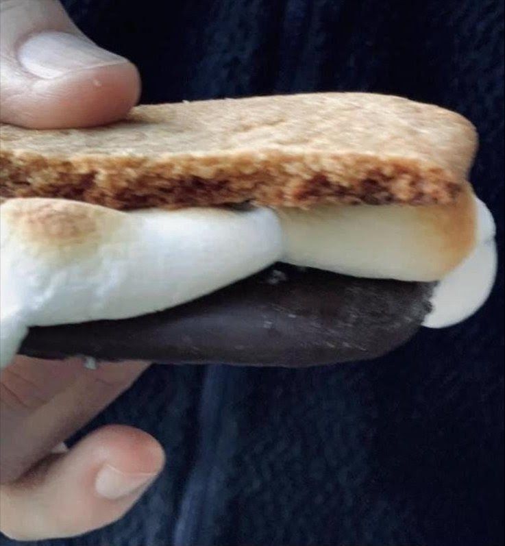Hand holding a s’more with toasted graham cracker, melted marshmallow, and chocolate bar