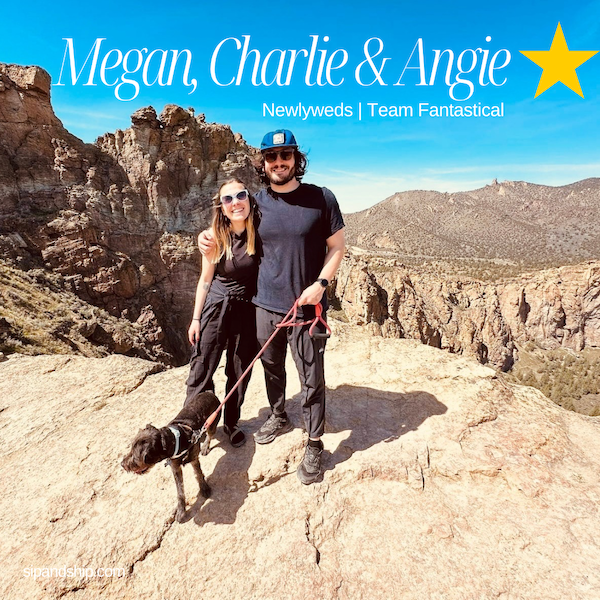 Couple with dog hiking on a rocky desert trail, with “Megan, Charlie & Angie” text overlay.