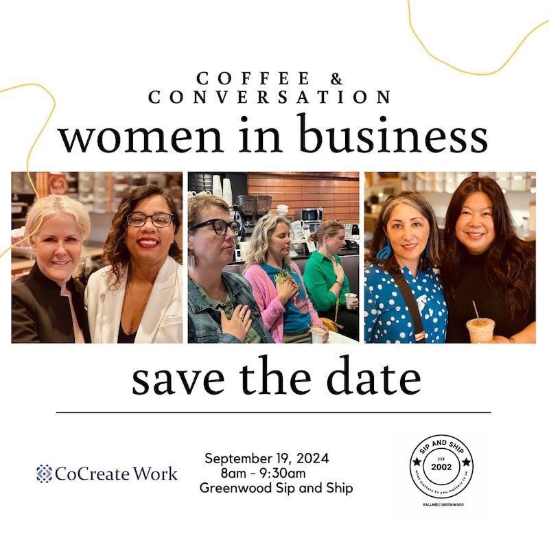 Coffee & Conversation women in business event poster with photos, “save the date,” Sept. 19, 2024, Greenwood Sip and Ship
