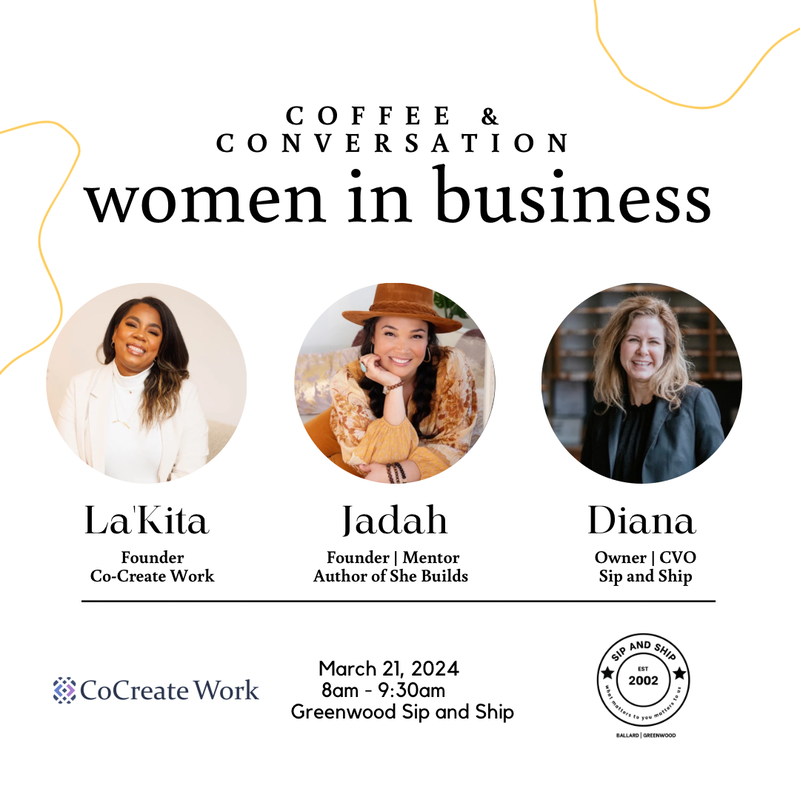 Coffee and conversation: women in business event flyer with three speaker headshots and March 21, 2024 details