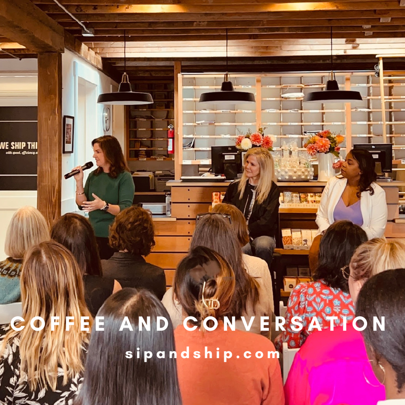 Coffee and Conversation panel on stage in a cozy café, with three speakers seated and audience listening.