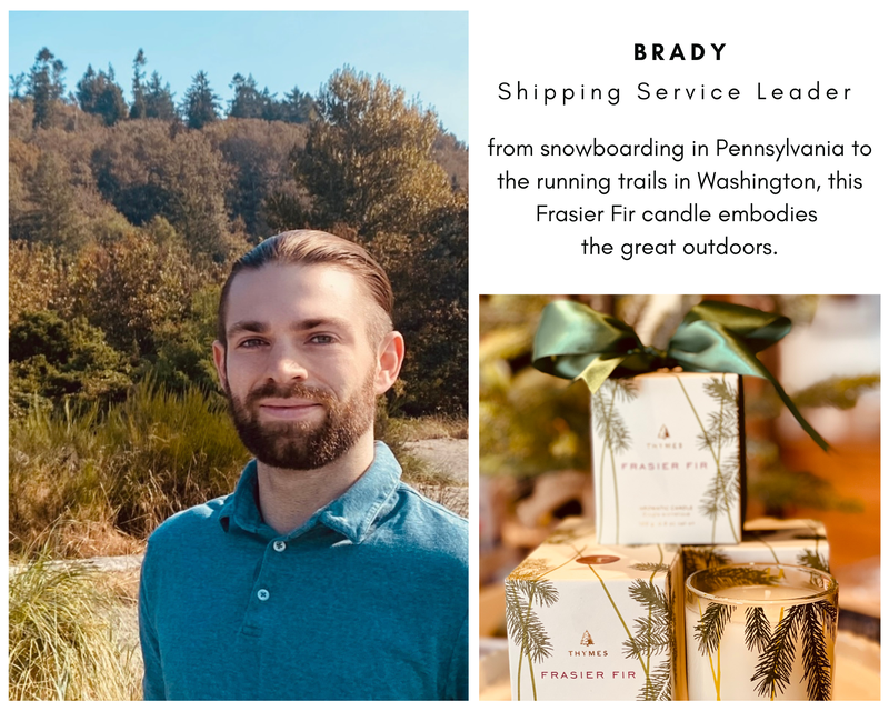 Portrait of Brady outdoors beside text and product photos for a shipping service brand