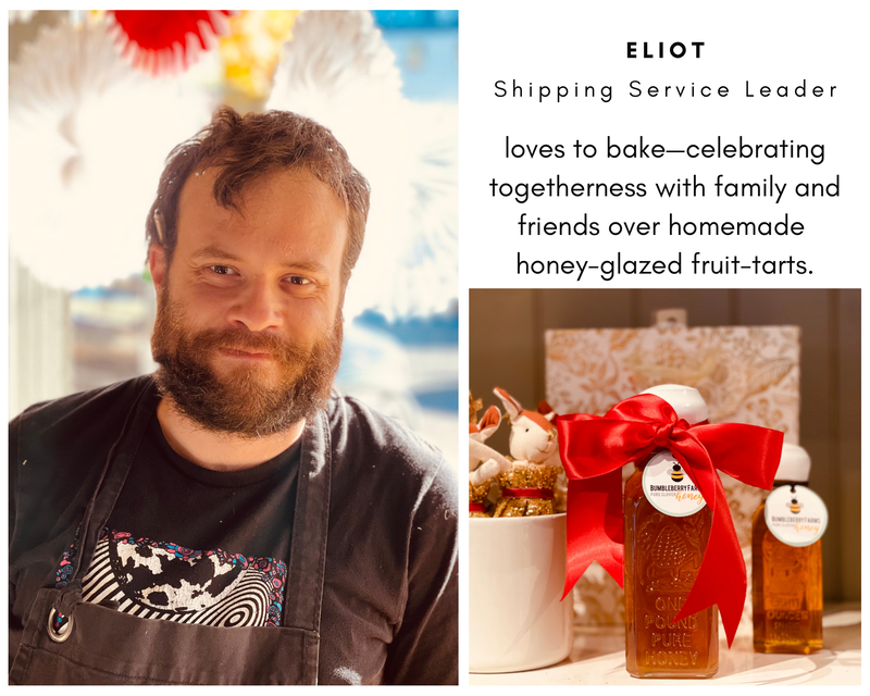 Portrait of Eliott beside homemade honey-glazed fruit tarts and jars tied with red ribbon, with descriptive text.