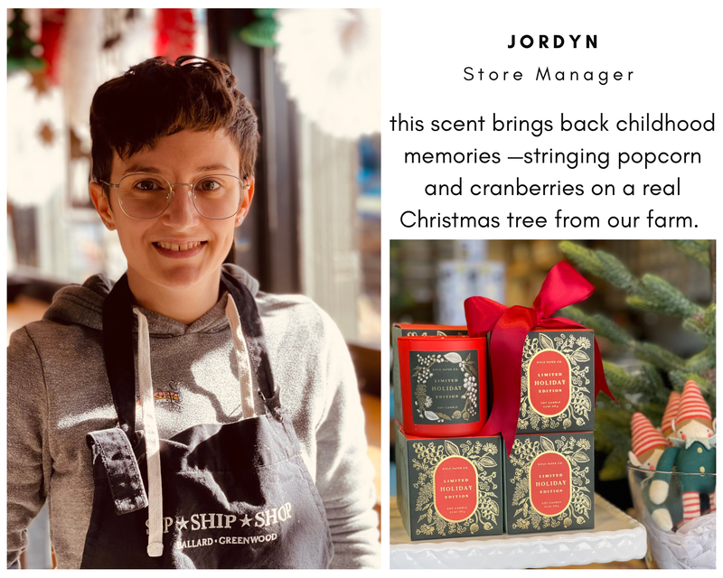 Boy in apron beside holiday display of cranberry popcorn and Christmas tree treats; “Jordyn Store Manager” text.