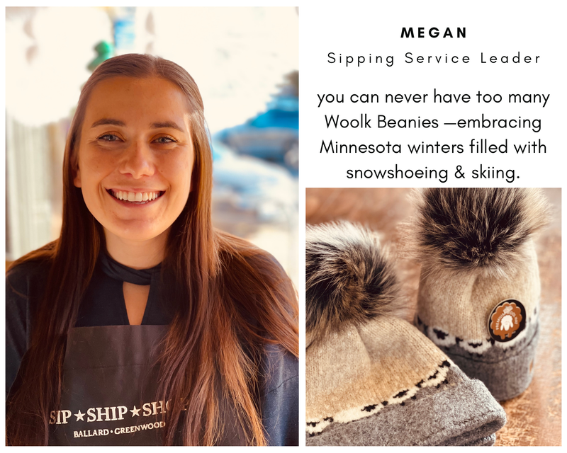 Portrait of Megan in a brown apron beside winter boots, with text about wool beanies and Minnesota winters