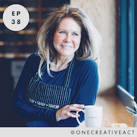 Woman smiling at a café table, holding a white mug, with “EP 38” in the corner.