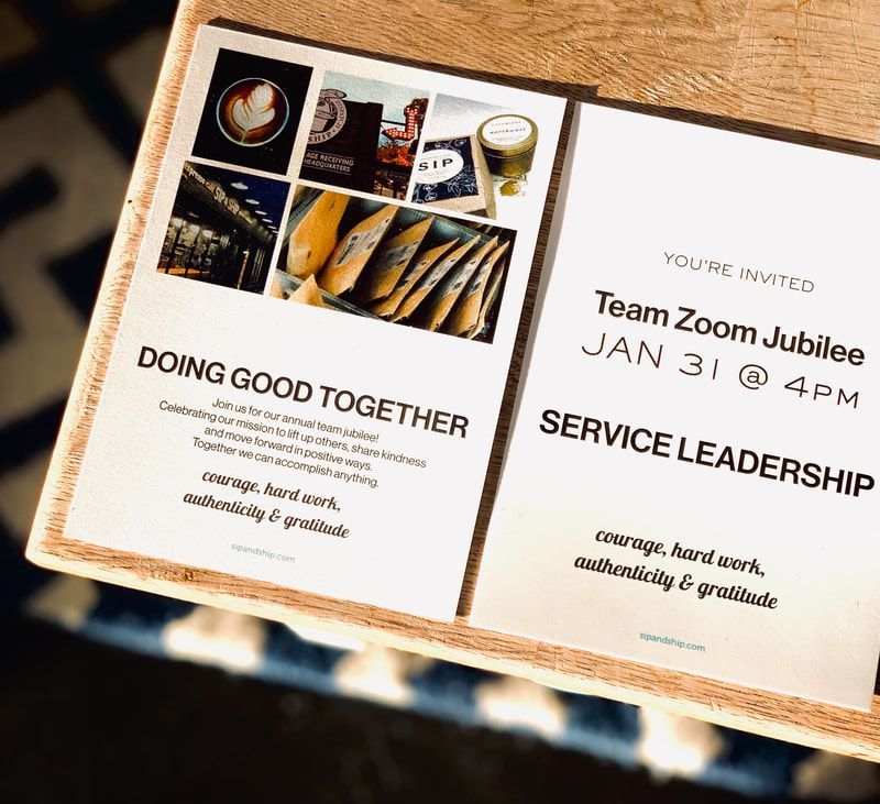 Open service leadership event invitation with photos, gold accents, and text reading “Team Zoom Jubilee” and “Doing Good Together”