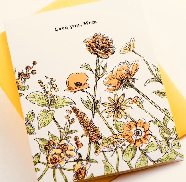 Hand-drawn floral greeting card with “Love you, Mom” text and yellow accents