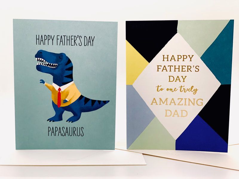 Two Father’s Day cards: a blue T-rex card and a geometric “Happy Father’s Day to the most amazing dad” card
