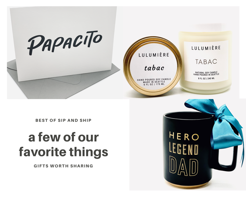 Gift product collage with Papacito box, Lumière Tabac candle, and black mug reading “Hero Legend Dad” with blue bow