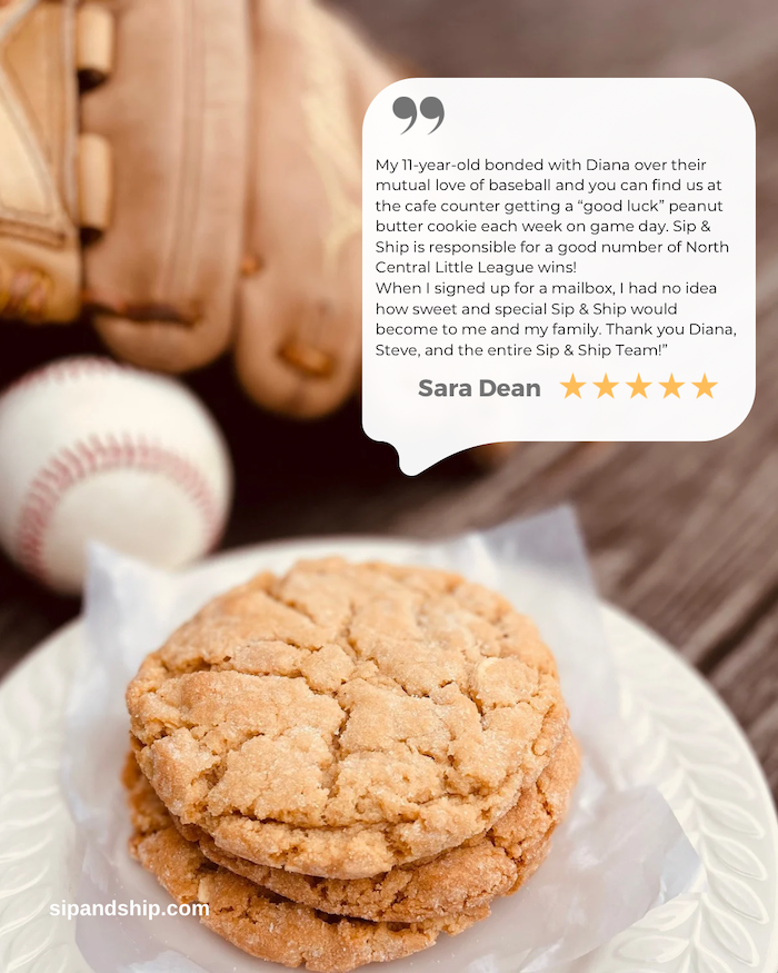 Cookies stacked on a white plate beside a handwritten review card and baseball mitt