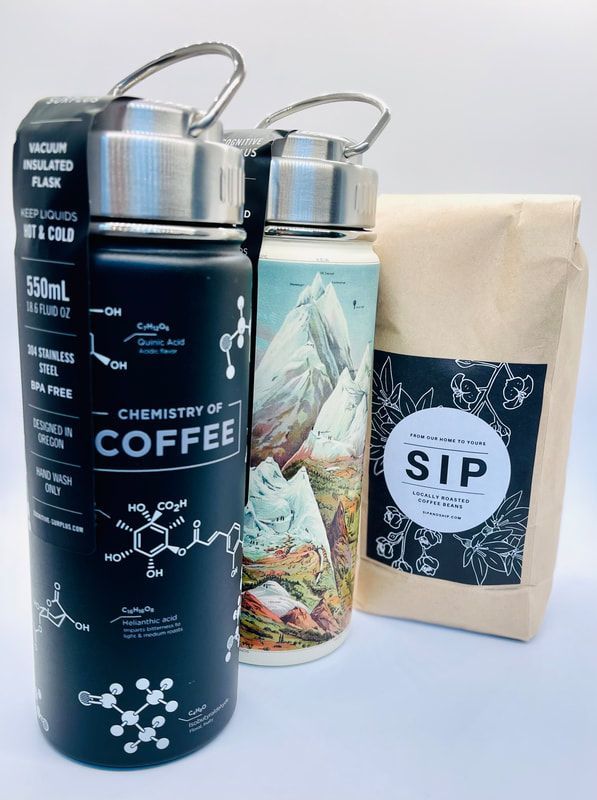 Three reusable coffee containers: two black bottles and a beige SIP bag on a white background