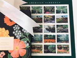 Open magazine with floral art and a page of small garden photos titled American Gardens