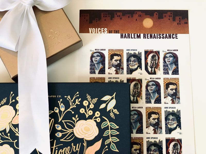 Harlem Renaissance-themed collage with portraits, gold floral art, and a white ribbon on a beige background