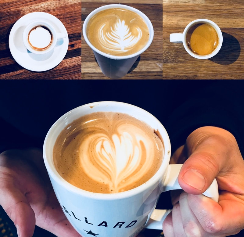 Coffee cups with latte art in a top-down collage and a hand holding a mug