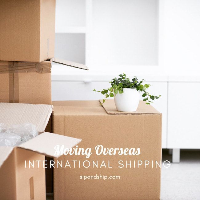 Packed moving boxes with a potted plant; text reads “Moving Overseas International Shipping.”