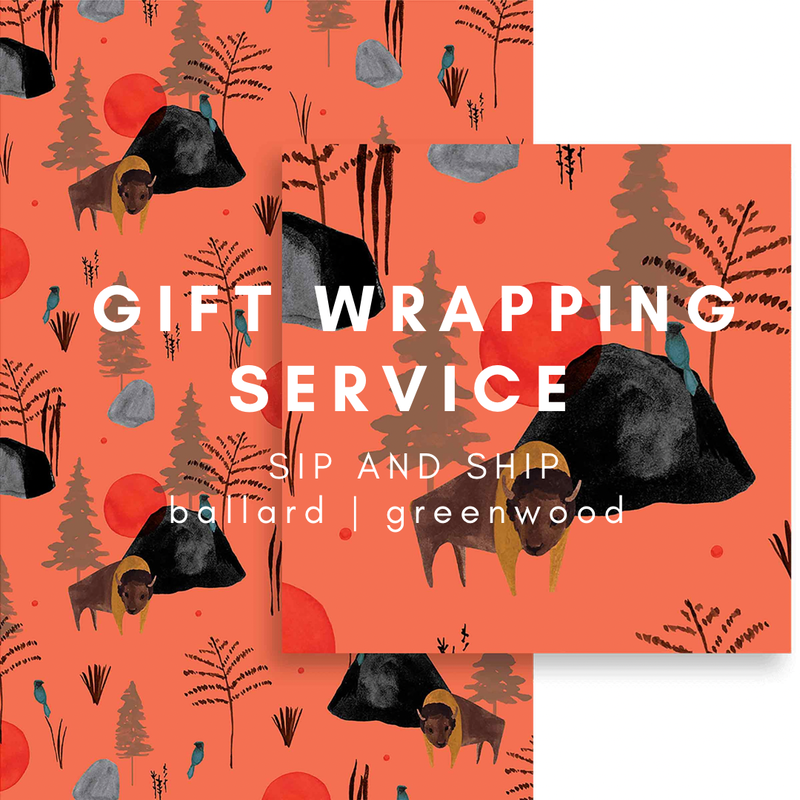 Gift wrapping service ad with orange floral pattern, black hats, and white text: “Gift Wrapping Service.”