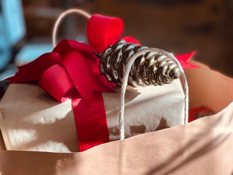 Wrapped gift with a red ribbon and pinecone on a beige blanket