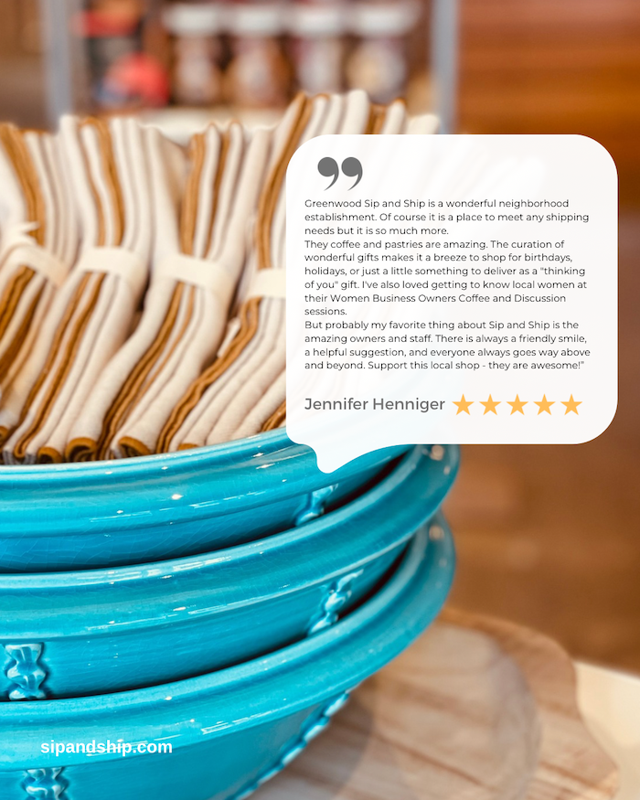 Turquoise stack of bowls with a white customer review card and star rating over a blurred kitchen background