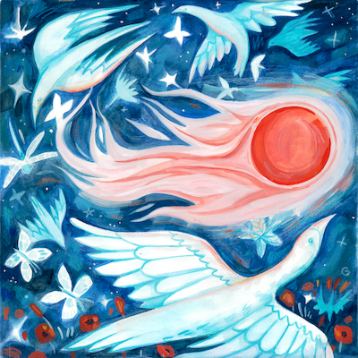 Blue sky with white birds and a glowing red sun or moon over red flowers
