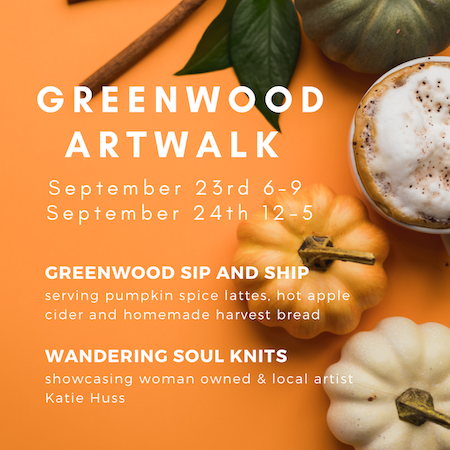 Greenwood Artwalk flyer with orange leaves, coffee, and event dates Sept. 23–24.