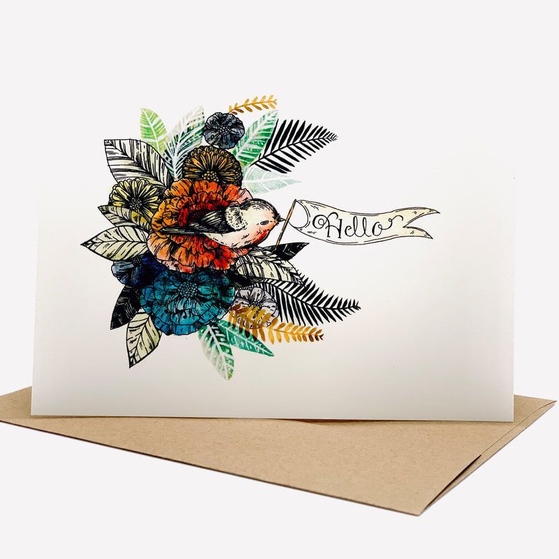 Floral pop-up card on a kraft envelope, with colorful flowers and a “Hello” banner