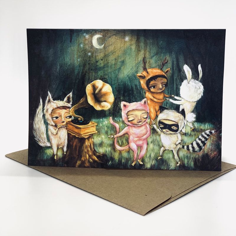 Cats and a rabbit in masks gathered around a gramophone under a crescent moon on a dark stage