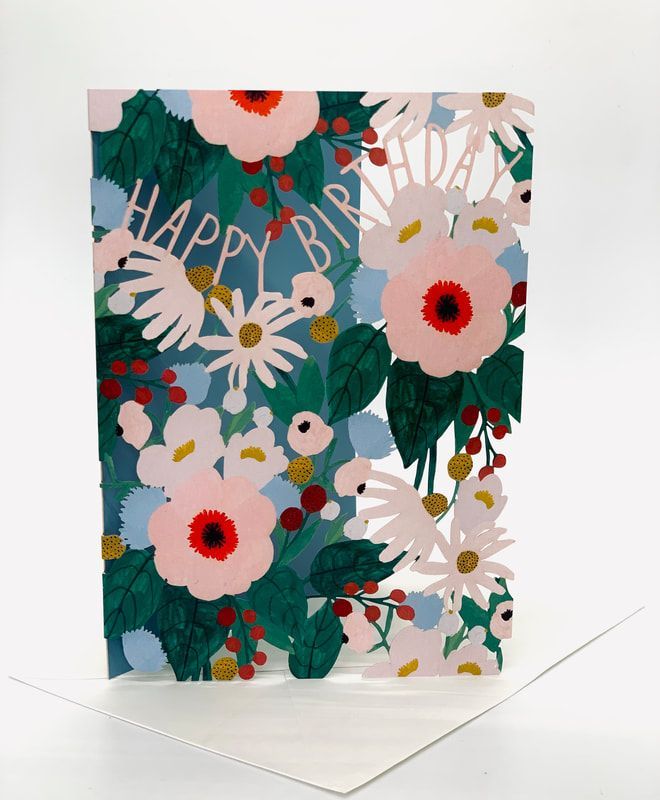 Floral birthday card with white, pink, and red flowers and “Happy Birthday” text on a light background