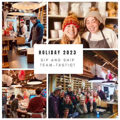 Holiday 2023 collage of teammates sipping and shipping in a cozy, festive café with smiling group photos
