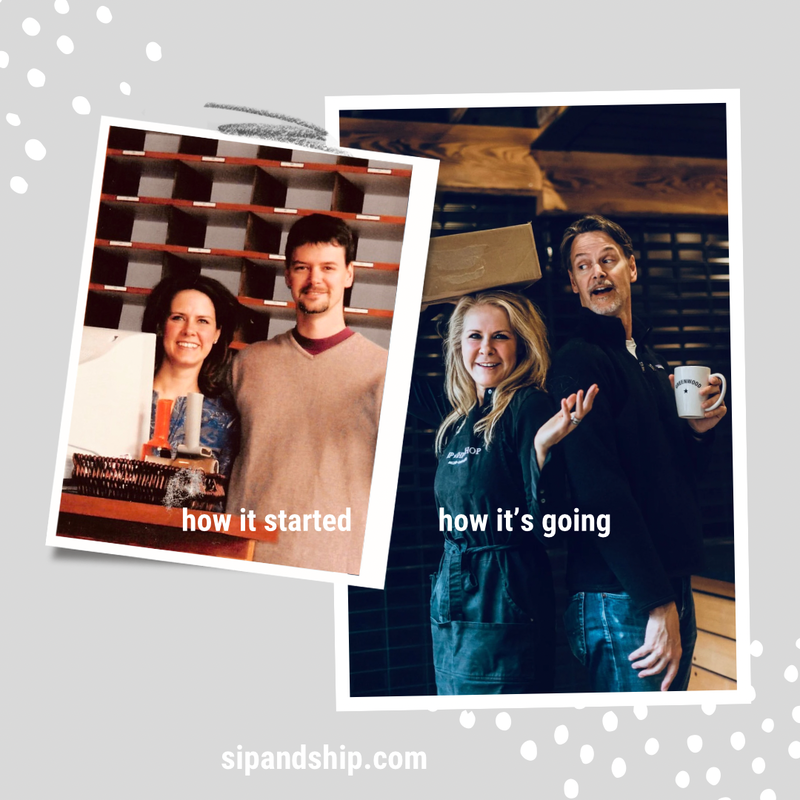 Then and now collage of two people in a shop, labeled “how it started” and “how it’s going”