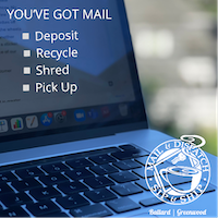 Laptop screen with mail pickup options: Deposit, Recycle, Shred, and Pick Up