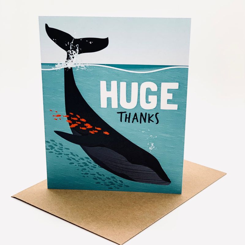 Whale-themed thank-you card with “HUGE THANKS” text on a beige envelope.