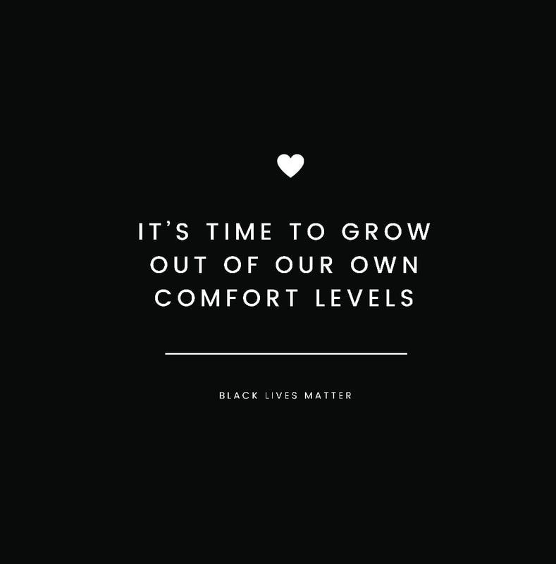 White heart above motivational quote on black background: “It’s time to grow out of our own comfort levels.”