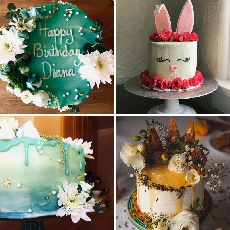 Four decorated celebration cakes, including a teal “Happy Birthday Diana” cake and a bunny-themed cake.